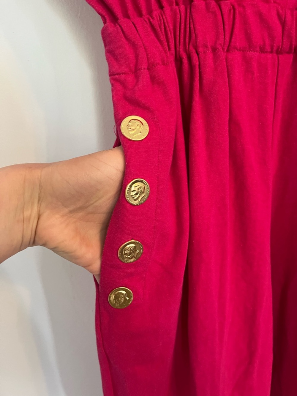 Vintage Magenta Jumpsuit with Gold Coin Buttons elastic waist pink pockets - Picture 3 of 10